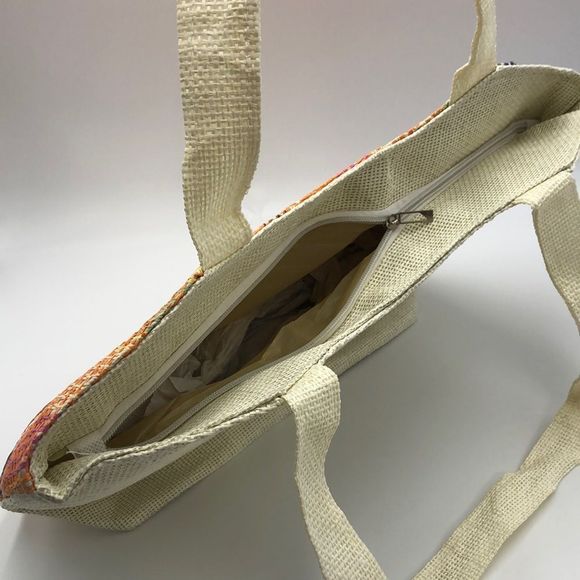 J Francis orange/multicolored woven tote bag with zip top and inside slip pocket - Picture 5 of 6